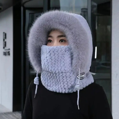 Women's Winter Thermal Hood Soft Plush Hat with Scarf and Mask, Windproof Ear Protection for Outdoor Riding and Cycling