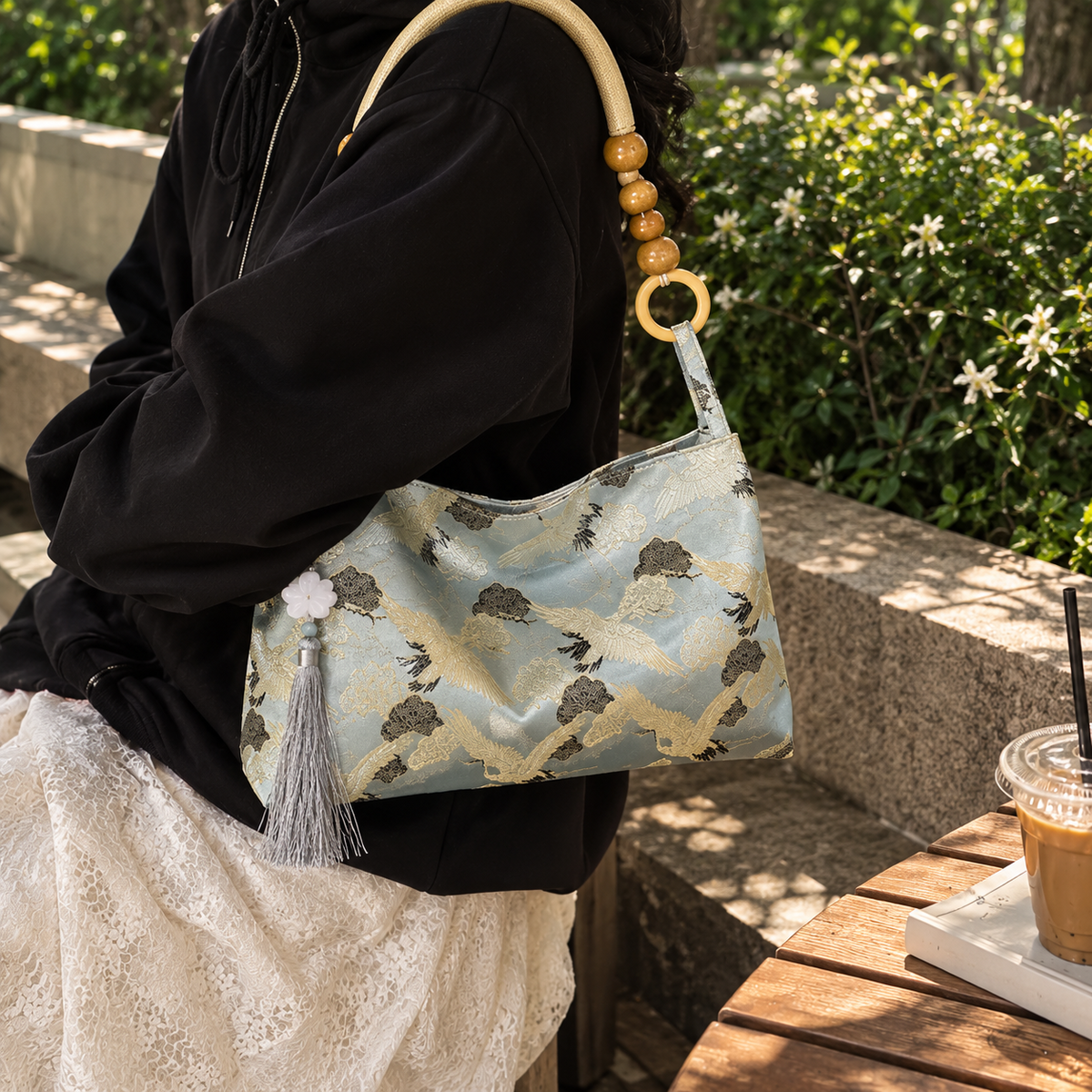 Crane print shoulder bag - Powder Blue view 11