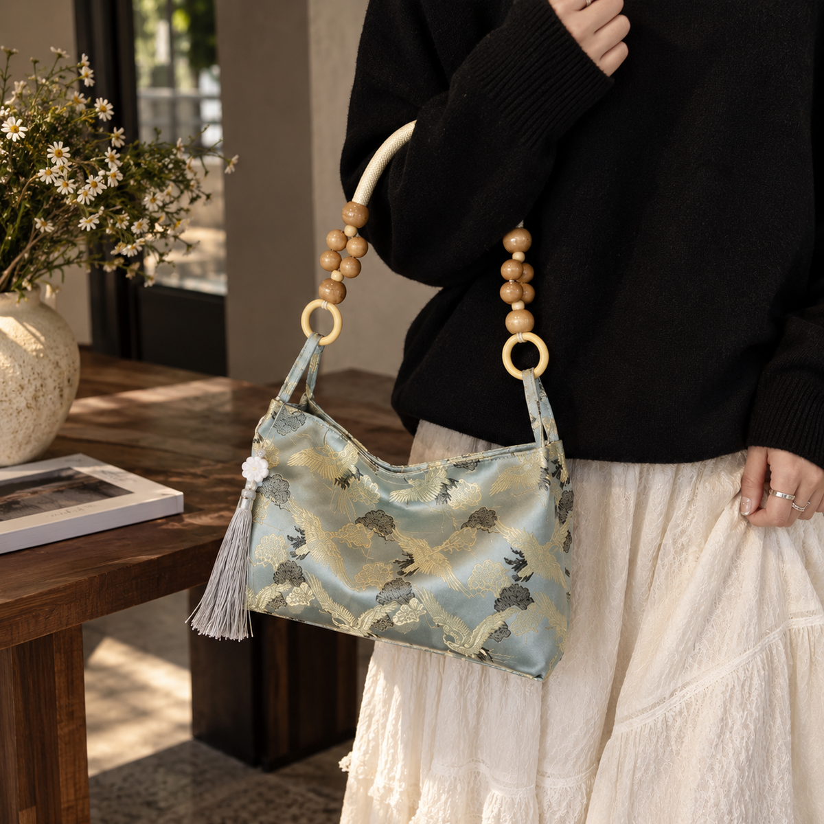 Crane print shoulder bag - Powder Blue view 7