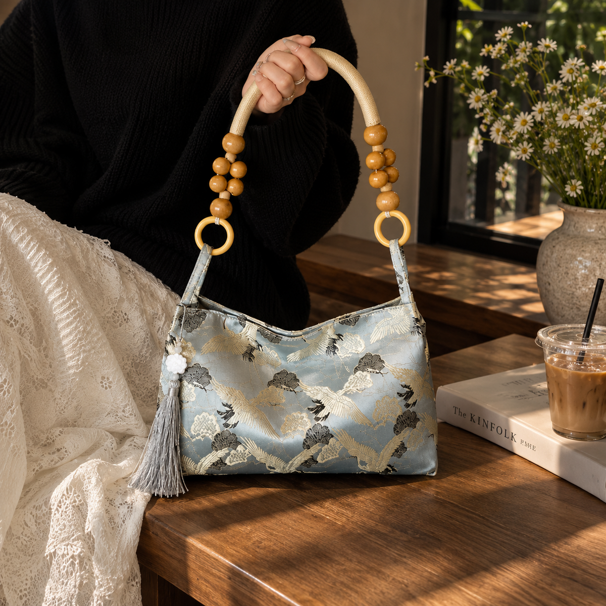 Crane print shoulder bag - Powder Blue view 8