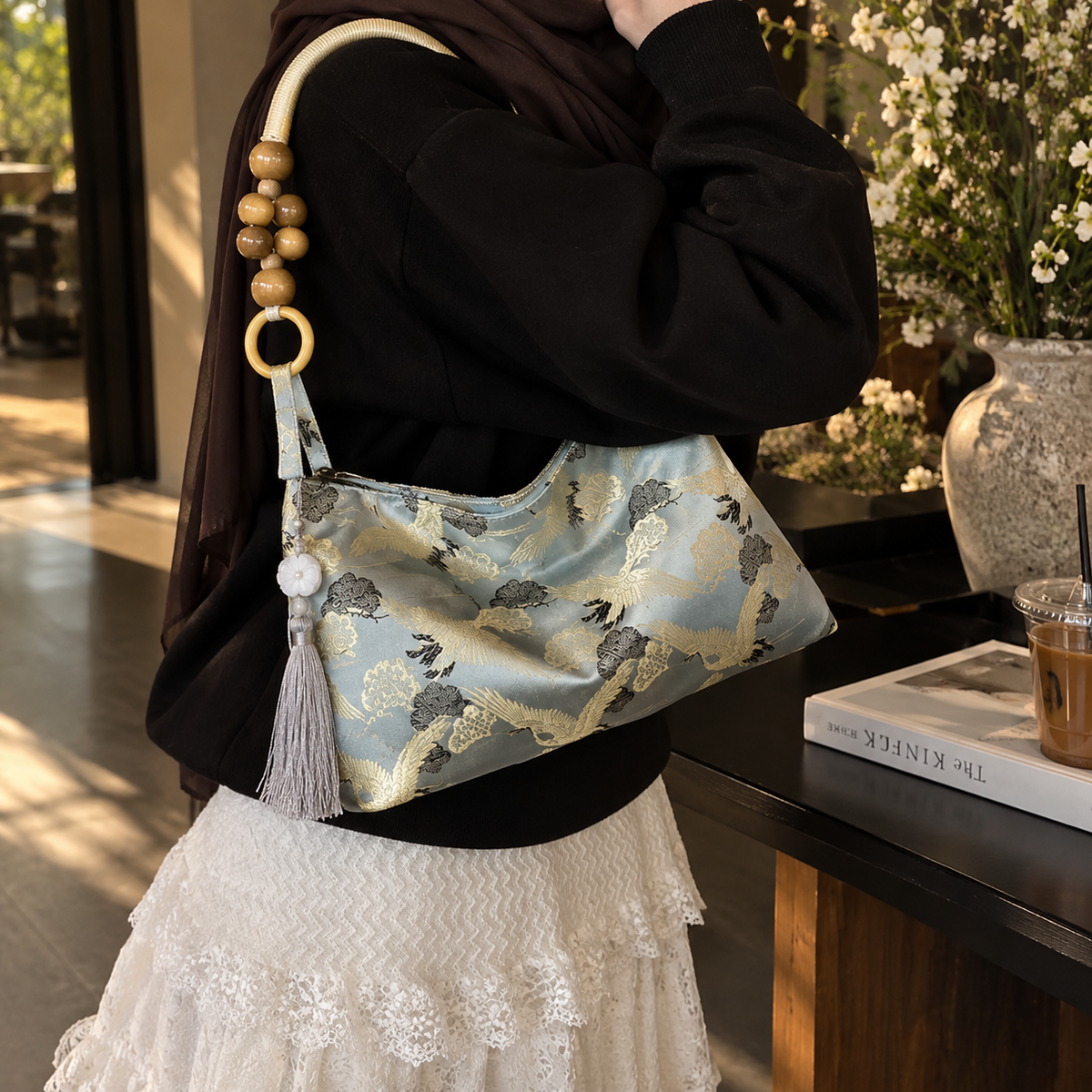 Crane print shoulder bag - Powder Blue view 9