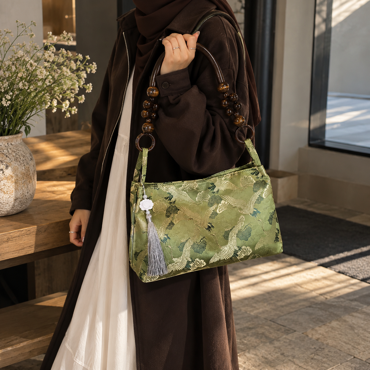 Crane print shoulder bag - Green view 1
